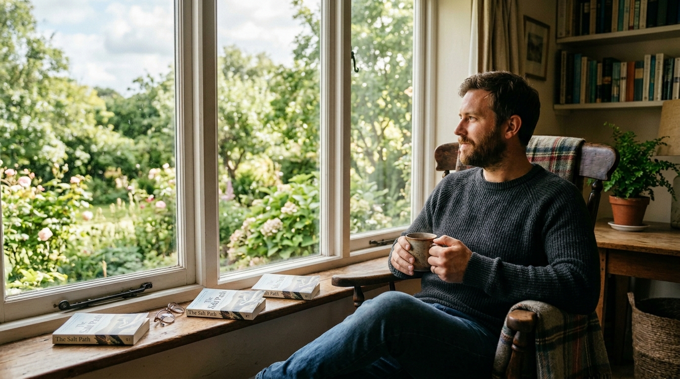 Klidné ráno s šálkem čaje u okna, ranní světlo, pohoda