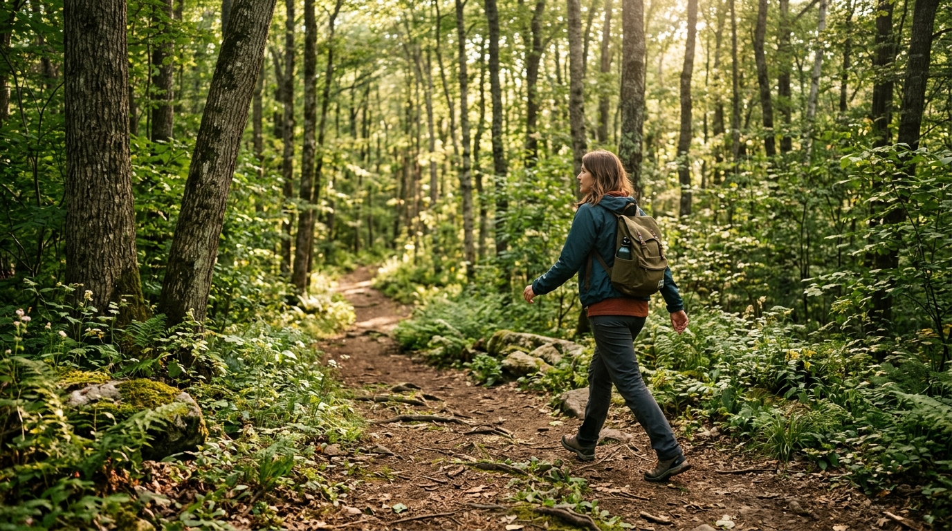 Odpolední procházka v přírodě, lesní cesta, klid a pohyb
